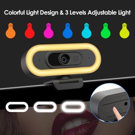 VIZOLINK W4LS Webcam HD 2K/1080P with Ring Lighting, Auto Focus, Clear Stereo Microphones, Light Correction, Plug & Play, 65° View, USB PC Webcam for Living Streaming, Video Call, Conference, Game