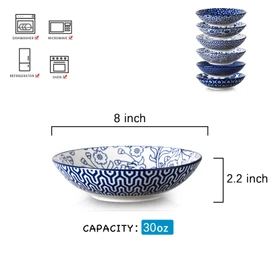 Selamica Ceramic 30oz Large Pasta Salad Bowls 8 Inch Wide and Shallow Soup Bowls, Stackable, Microwave and Oven Safe, Set Of 6, Vintage Blue