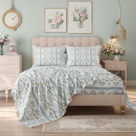 Brandream 100% Cotton Sheet Set King, Blue Lily of The Valley Floral Bedding with Stripe, Grandmillennial Cottagecore Bed Sheets, Soft Breathable Deep Pocket 18 Inch, 4 Piece