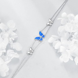 KZX Butterfly Bracelet 925 Sterling Silver Double Chain Bracelet for Women Opal Butterfly Pendant Butterfly Jewelry for Women Stunning Women Bracelets Gift for Her, Normal, Sterling Silver, no