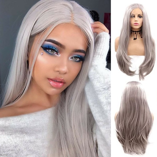 AFBeauty Silver Grey Lace Front Wig Gray Synthetic Lace Front Wigs Long Natural Straight Platinum Blonde Replacement Hair Wigs for Women Real Gray Color Glueless Heat Resistant Fiber Hair 24inch