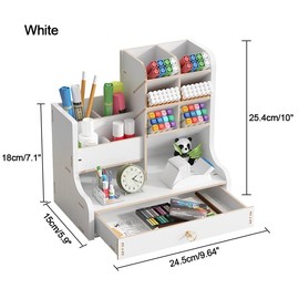 Updated Wooden Desk Organizer with Drawer, DIY Pencil Holder Desk Tidy Caddy Office Stationery Desktop Art Supply Organizer for Home Office Supplies (JB17 White)