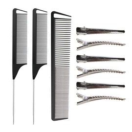 Rat Tail Combs Set, RuiChy 3 Pack Carbon Styling Combs Barber Hairdressing Comb Cutting Wide and Fine Teeth Comb Steel Pintail Comb Teasing Hair Comb with 6 Metal Alligator Curl Clips