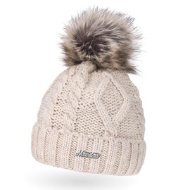 Neverless Lined Women's Knitted Hat with Fur Pom and Fleece Lining, Faux Fur Winter Hat, Bobble Hat, Julie Light Beige