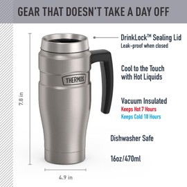 THERMOS Stainless King Vacuum-Insulated Travel Mug with Handle - 16oz, Matte Steel - Thermos Tumbler for Hot & Cold Drinks - Leak-Proof & Sweat-Proof Stainless Steel Coffee Mug with Lid for Commuting