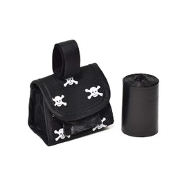 Doggie Walk Bags Black Skull Dog Poop Bag Dispenser – Durable Fabric Waste Bag Holder with Strap for Leash – 2 Rolls of Large Doggy Bags Made in USA – Includes 30 Bags