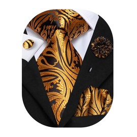 Hi-Tie Men Tie Flower Lapel Pin Set Jacquard Woven Silk Necktie Handkerchief Cufflinks Wedding Party,Gold Black Paisley