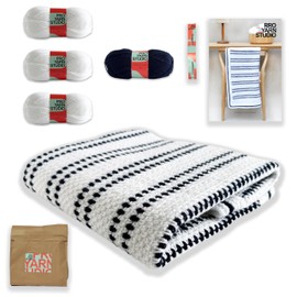 Pinstripe Crochet Blanket Kit for Adults with Everything Included, All The Yarn, Crochet Hook and Easy to Follow Pattern. Suitable for Beginners.