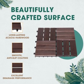 Idzo Interlocking Deck Tiles 9.6 SQFT - 10PCS Waterproof Acacia Wood Tiles, Flooring Tiles for Indoor and Outdoor - Decking Checker Pattern, 11.81 x 11.81 x 0.91 Inches, Dark Brown