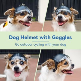 Dog Helmet with Anti-UV Clear Goggles Adjustable Cool Pet Motorcycle Helmet with Drop-Down Sun Visor Head Circumference 13.6”-14.6” (with Rivets)