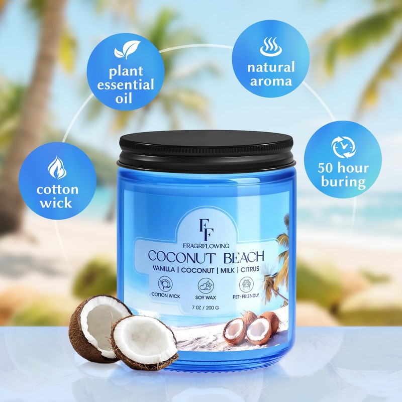 Coconut Beach Scented Candle, Natural Soy Wax Jar Candle for