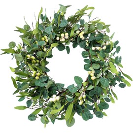 Weldomcor Green Eucalyptus Wreath for Front Door, 20 Inch Artificial Eucalyptus Leaves Wreath with Berries, Summer Greenery Wreath for Wall Window Festival Farmhouse Garden
