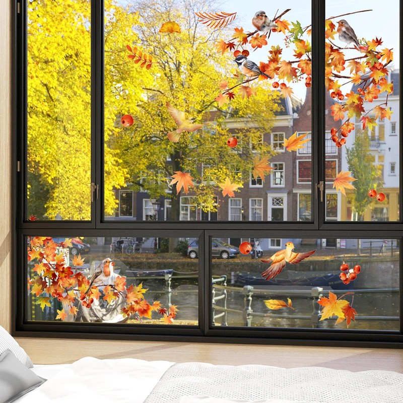 AIBIIN Autumn Window Stickers Fall Leaves Birds Windows Clings for