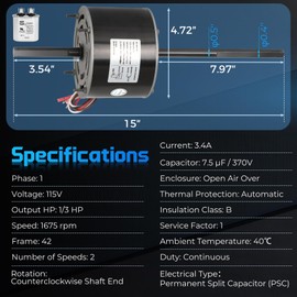 RV AC Fan Motor with Capacitor, Replacement for Coleman Mach Rv Air Conditioner Motor, Replaces Fasco D1092, 1468-306, 1468-3069, 7184-0156, 7184-0432, 1/3 HP, 115 Volts, 1675 RPM