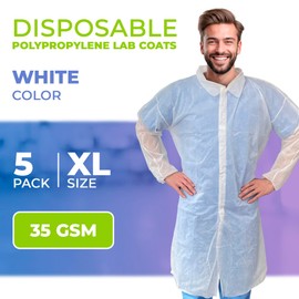 AMZ Medical Supply White Disposable Lab Coat, X-Large. 5 Pack 35 GSM Polypropylene Fabric Medical PPE Coat. Knee-Length Disposable Lab Coats with Elastic Wrists, Loop Fasteners, No Pockets