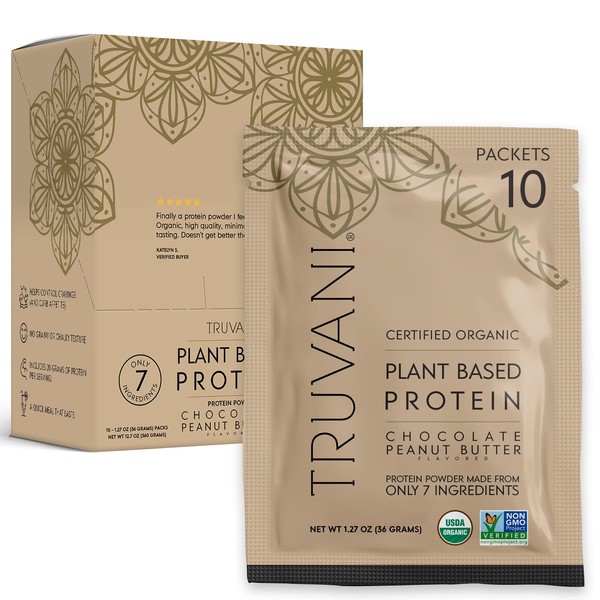 Truvani Organic Vegan Protein Powder Chocolate Peanut Butter - 20g of Plant Based Protein, Organic Protein Powder, Pea Protein for Women and Men, Vegan, Non GMO, Gluten Free, Dairy Free (Travel Kit)
