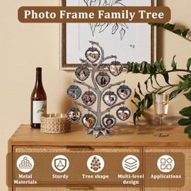 Family Tree Picture Frame, 7/12 Hanging Picture Frames, Fashionable Family Photos Frame Display, Perfect for Mother's Day, Birthdays, Christmas Day, Metal Table Top Photo Frame Decoration (Heart-shaped - 12 photos)