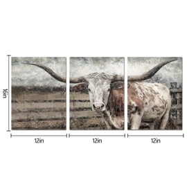 Visual Art Decor Longhorn Wall Decor Cow Painting Pictures Farm Decor Framed Artwork Home Decoration,12x16inchx3Pieces