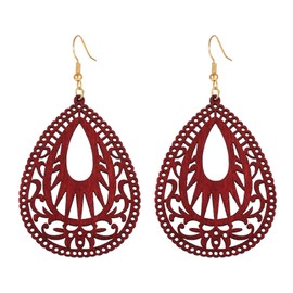 MALOYANVE Bohemian Wood Earrings for Women Handmade Natural Retro Lightweight Teardrop Geometric Hollow Wooden African Dangle Drop Geometric Statement Earrings Boho Vintage Ethnic (Wine Red)