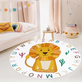 Abeigoi ABC Lion Rug 5Ft Circle Safari Animal Kids Bedroom Carpet Round Large Child Playroom Nursery Mat Boho Rainow Jungle Rug for Boys Girls Soft Washable Classroom Rug