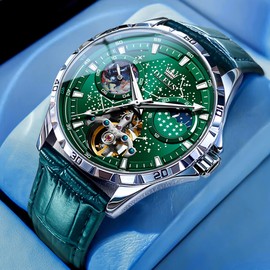OLEVS Mens Automatic Watches Starry Sky Skeleton Tourbillon Self Winding Mechanical Luminous Green Leather Luxury Dress Wrist Watch Gifts