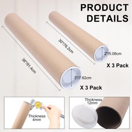 aromeili Mailing Tubes with Caps,6 Pack 3x36-Inch &2x30-Inch Kraft Paper Poster Tube for Shipping, Packing, Bulk Round Packaging, Cardboard Mailers, Art Prints, Maps, Blueprint