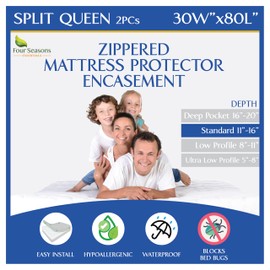 Split Queen Mattress Encasement 30" x 80" (2PCs) - Waterproof Zippered Protector Hypoallergenic Premium Quality Cover for Adjustable Beds and Split Mattresses (11"-16" Depth)
