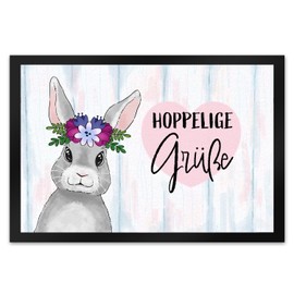 Hoppelige Grüße doormat XL in 40 x 60 cm with cute Easter bunny and flowers as a beautiful decoration for Easter for the front door to welcome the visit in an Easter way and welcome