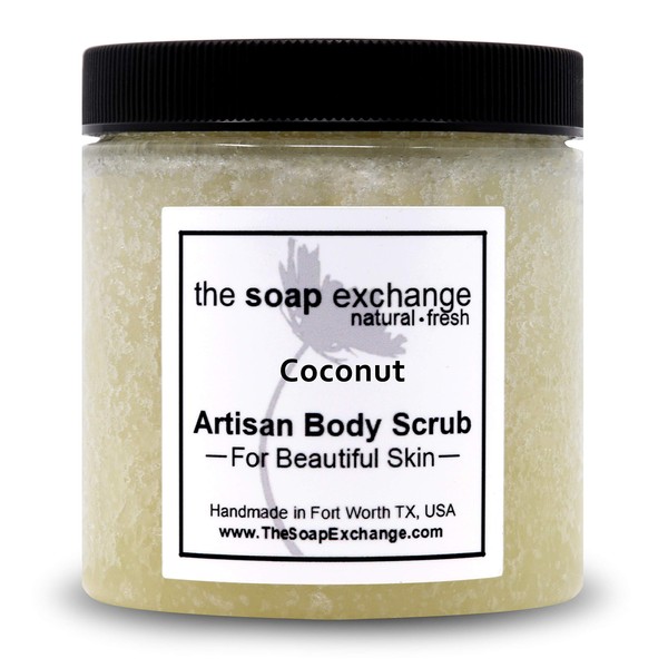 The Soap Exchange Sugar Body Scrub - Coconut Scent - Hand Crafted 8 fl oz / 240 ml Natural Artisan Skin Care, Shea Butter, Exfoliate, Moisturize, & Protect. Made in the USA.