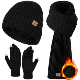 3 PCS Winter Hat Scarf Gloves Set, Soft Warm Knit Beanie Hat Touchscreen Gloves Long Knitted Scarf Set Winter Gifts for Men