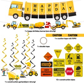 KATBUU Construction Birthday Party Supplies - Construction Party Decorations Set with Construction Signs Dump Truck Banner Garland for Kids