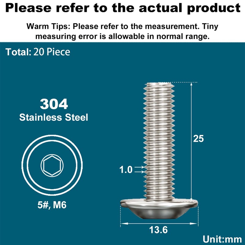Drenky M6 Rounded Head Screws Stainless Steel, M6 x 25