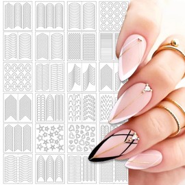 MOLILON French Tip Nail Stickers C-Shaped French Tip Guides French Manicure Strips Nail Design Stickers Nail Stencil for Nail Art Gel French Tip Tool White, 24 Sheets