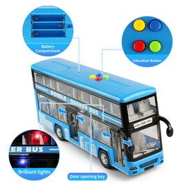 Cdymkf 11"(28cm) Double Decker Bus Toy with Lights & Sounds, Scale(1:16) Friction Powered Bus Toy for Kids with Indoor Ceiling Lights and 4 Different Sounds - Gift for Kids Ages 3+ (Bule)