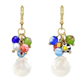 Bohemian Coined Cultured Freshwater White Pearl Millefiori Glass Brass Vintage Hoop Dangle Earrings