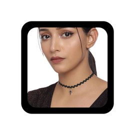 Allereya Punk Black String Choker Necklace Black Cross Pendant Necklace Wavy Lace Choker Necklace Stretch Lace Tattoo Necklace Jewellery for Women and Girls Gifts (A)