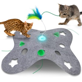 Giociv Interactive Cat Toys for Indoor Cats Exercise Toys Spin Feather Wand Tumbler Base, Touch Activate Mode Peek-A-Boo Felt Cover Toy Rechargeable