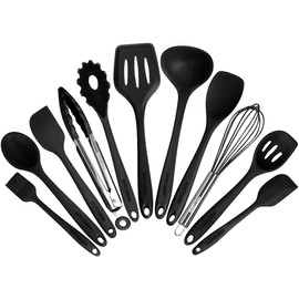 Kitchen Utensil Set - 11 Cooking Utensils - Colorful Silicone Kitchen Utensils - Nonstick Cookware with Spatula Set - Colored Best Kitchen Tools Kitchen Gadgets (Black)
