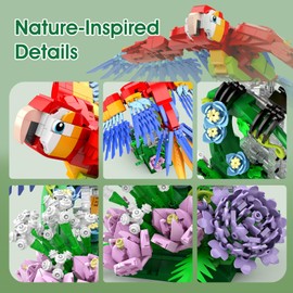 IBLOTIME Animals Building Set - Parrot Building Set with Rotating Flower Base, STEM Gift for Kids Adults, Mechanical Rotating Shaft for Flapping Motion
