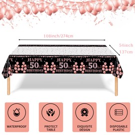 Tablecloth for 50th Birthday, Rose Gold Table Decoration Birthday Girl, 137 x 274 cm Tablecloth, Party Decoration, Birthday, Tablecloths Decoration for Birthday Party, Happy 50th Birthday Tablecloth