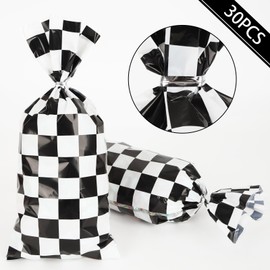Mikzhskr 30Pcs Race Car Party Favors Bag Black and White Checkered Racing Treat Candy Bag Goodie Bag Soccer Theme Cellophane Bags with 30Pcs Silver Twist Ties for Cars Birthday Party Supplies