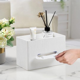 Cretkhp Rectangular Tissue Box Cover with Storage Tray, PU Leather Tissue Box Holder for Bathroom Vanity Countertop Night Stands Bedroom Office Desk, Stylish Tissue Holder Decorative Organizer (White)