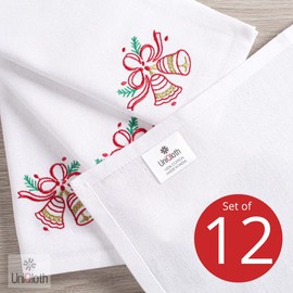 UniQloth Christmas Napkins Set of 12 Xmas Cloth Dinner Napkins 100% Cotton - Soft Durable Washable - Perfect Holiday Napkins 18x18 Embroidered - Christmas Bells Cloth Dinner Napkins