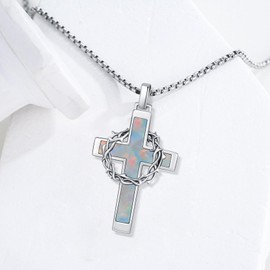 YYmqmq Crown of Thorns Necklace for Men Women 925 Sterling Silver Opal Cross Pendant Crucifix Necklace Catholic Jewelry Gifts for Boyfriend Girlfriend