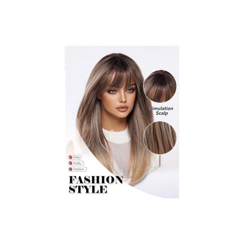 Peluca Sintética Elegant Blonde Wig 150% With Bangs Straight Layered