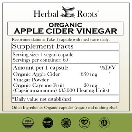 Herbal Roots Herbal Roots Organic Apple Cider Vinegar Capsules with Mother and Organic Cayenne | 650 mg | 60 Vegan Capsules