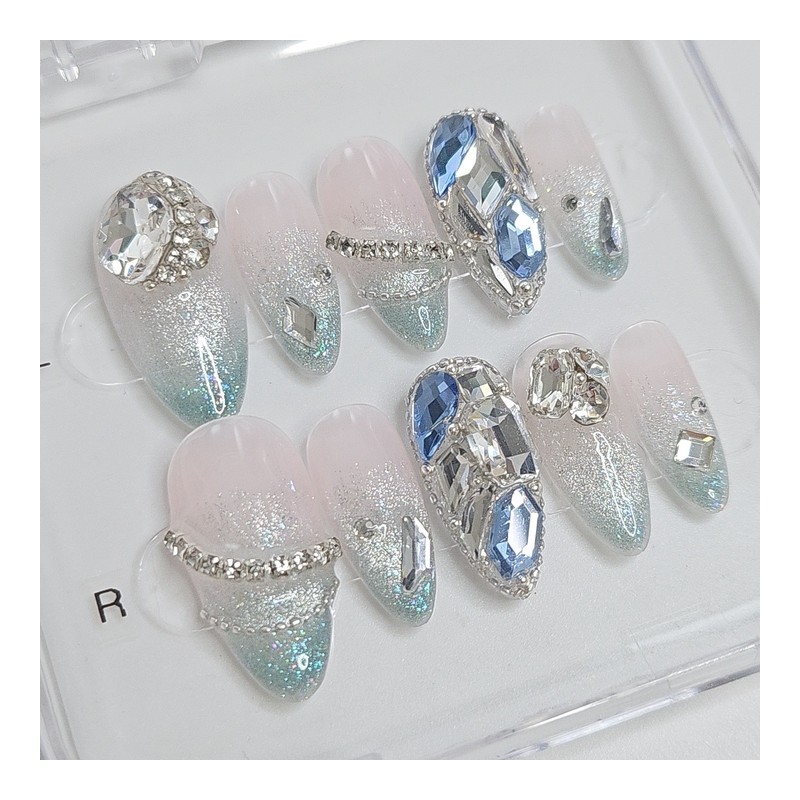 Aqua Bling Handmade Nail Tips - Short Coffin / 아쿠아
