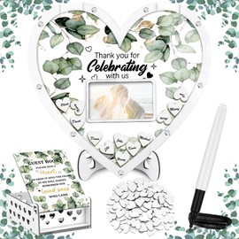 Colingmill Wooden Wedding Guest Book Alternative with 100 Wood Hearts Chips, Drop Box and Pen Eucalyptus Leaves Theme Heart Picture Frame Rustic Wedding Guest Book Decor for Reception Ceremony (White)