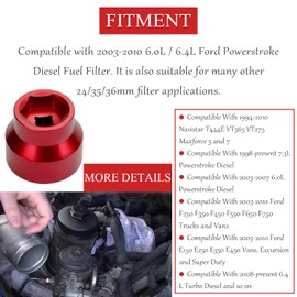 Oil Filter Socket 24mm / 36mm Reversible Fuel Filter Cap Remover and Installer Assistant Compatible with 6.0L / 6.4L Ford Powerstroke Diesel 2003-2010(red)
