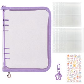 IRRVIN Sealing Notebook, Transparent, Large A5 Binder, Set of 25 Refills, Notebook, Seal Storage, Clear PVC Cover, 6 Hole Rings, Replaceable Stickers, Star Pendant, Girls, Clear Type (Purple)